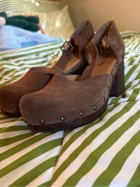 Kork-Ease Brown Suede Studded Clog Heels with Ankle Strap